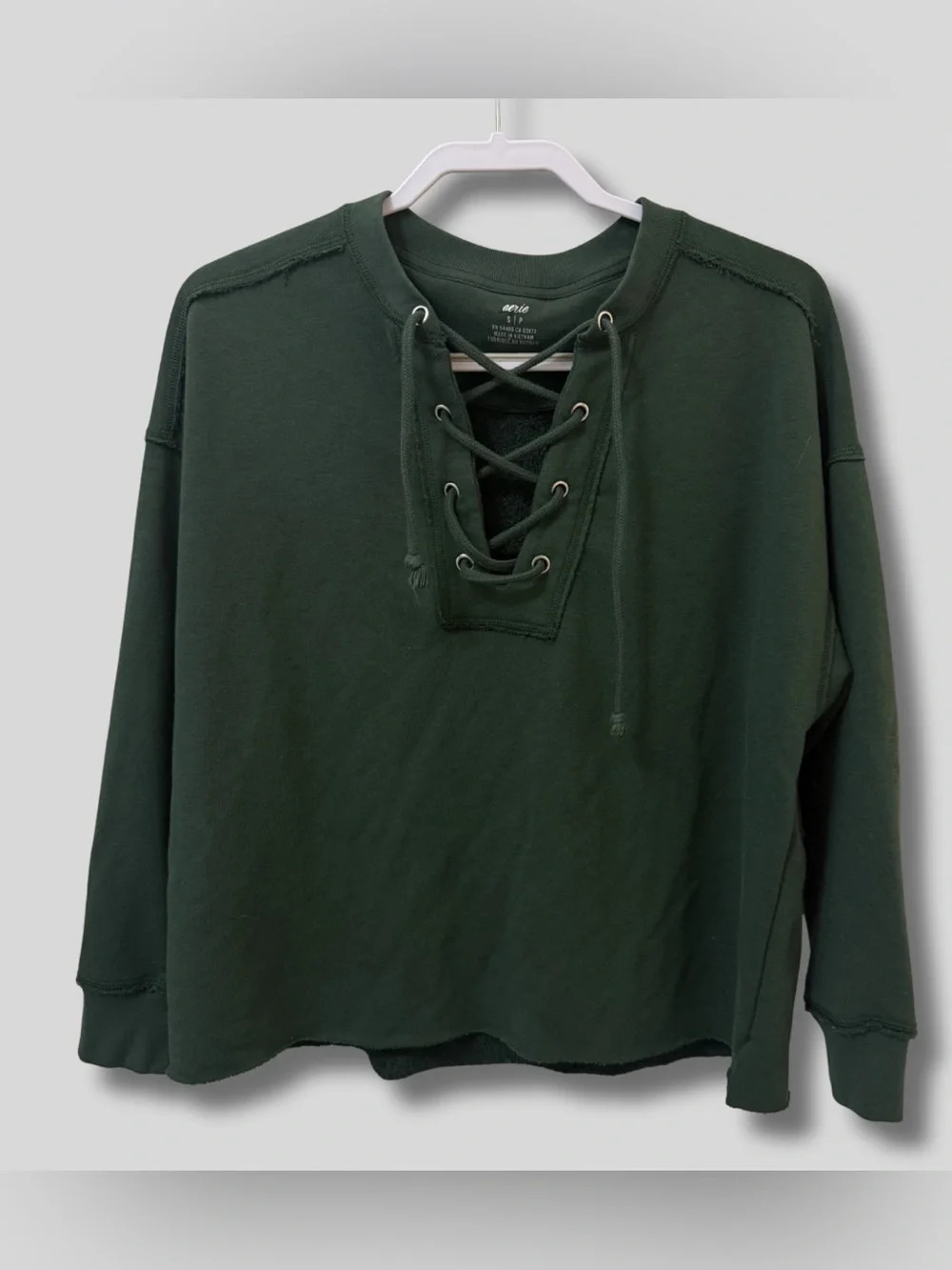 aerie Lace-Up Pullover Sweatshirt in Forest Green Size Small